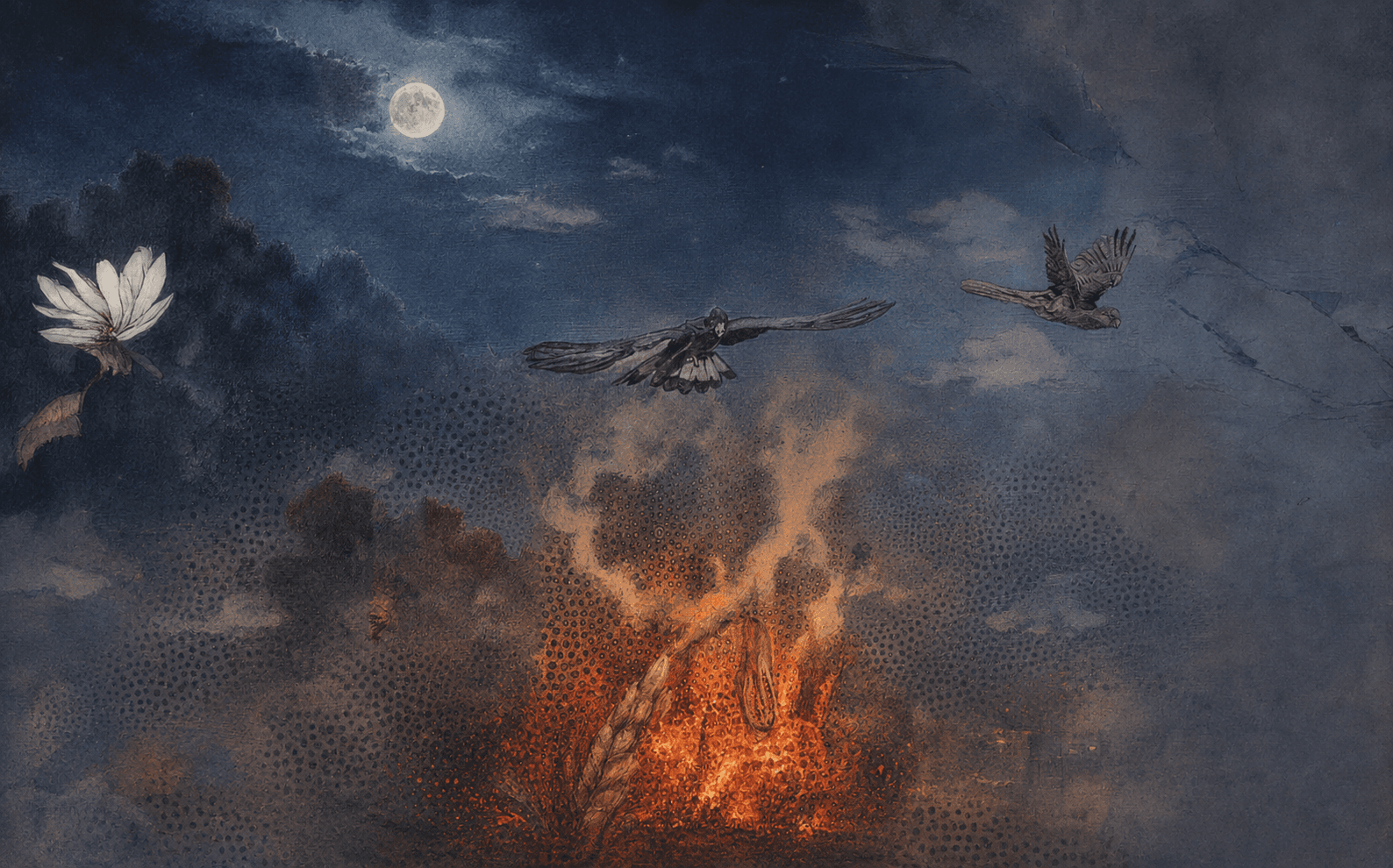 Original artwork of birds flying across a moonlit sky